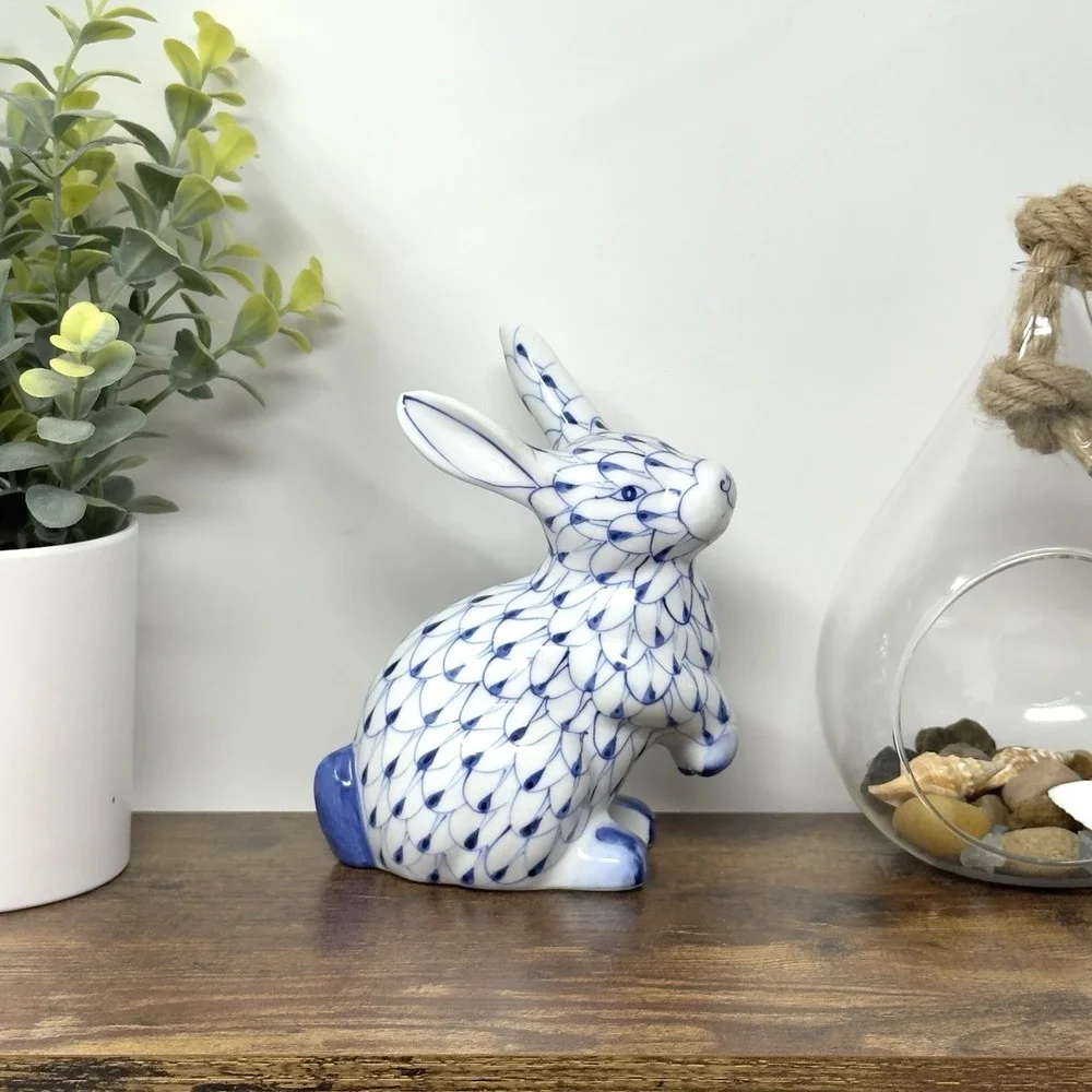 VTG Andrea by Sadek Rabbit Figurine Blue Fishnet Herend Style 5.5